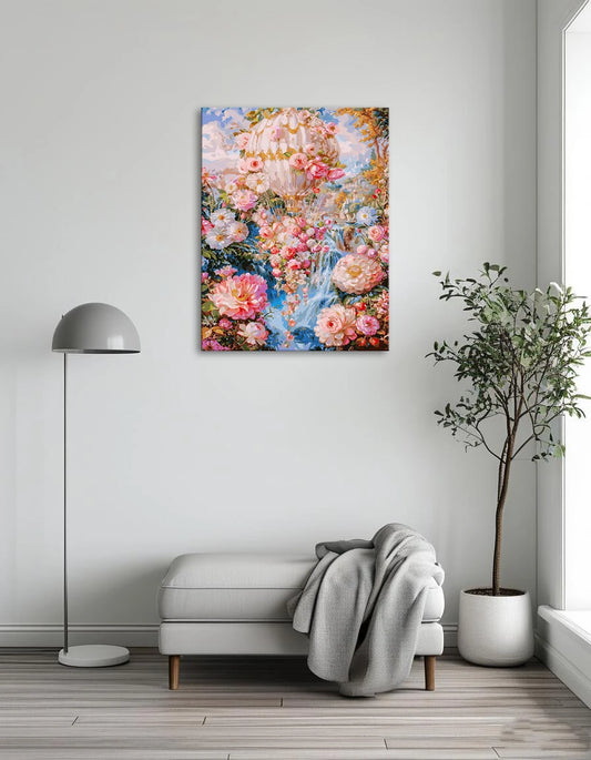 A colorful painting of a hot air balloon adorned with vibrant flowers against a clear blue sky.