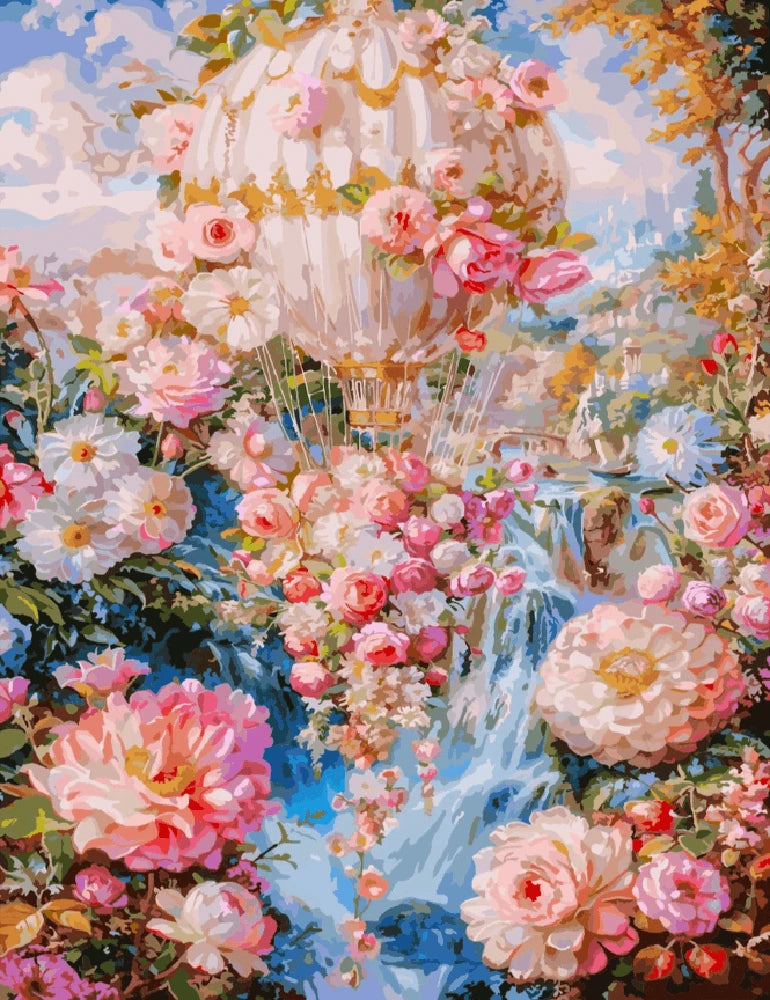 A colorful painting of a hot air balloon adorned with vibrant flowers against a clear blue sky.
