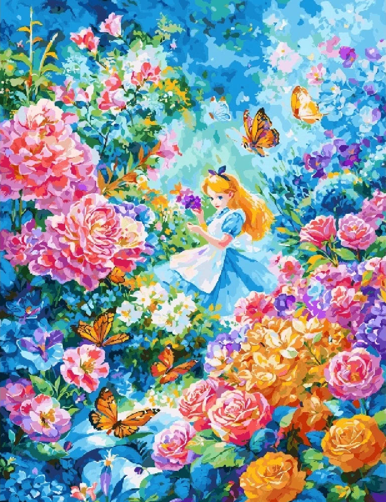 Depiction of Alice in "Alice in Wonderland," showcasing her blue dress and a fantastical, colorful setting.