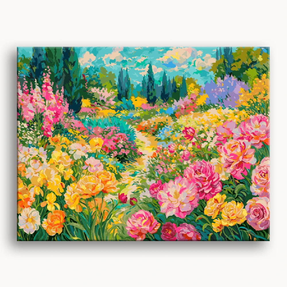 A vibrant painting of a garden filled with colorful flowers and lush green plants.