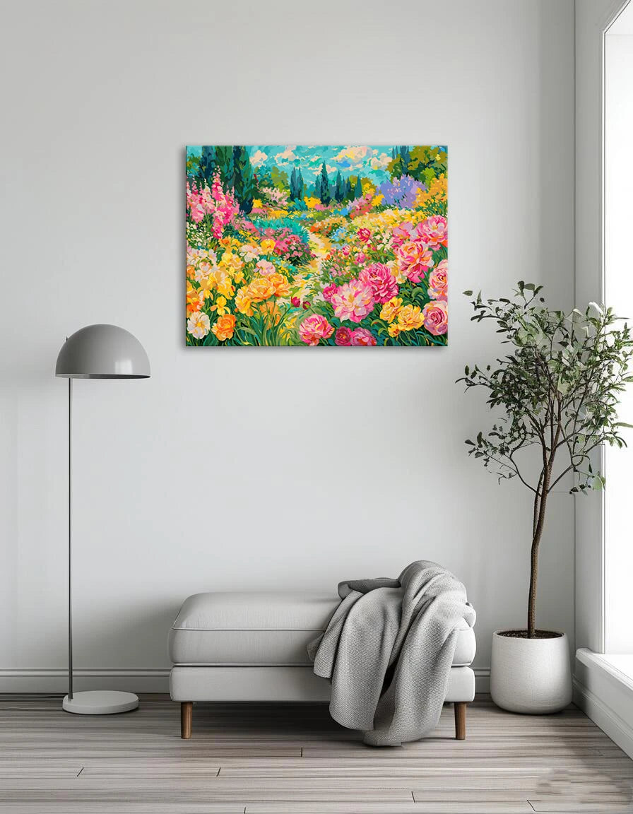 A vibrant painting of a garden filled with colorful flowers and lush green plants.