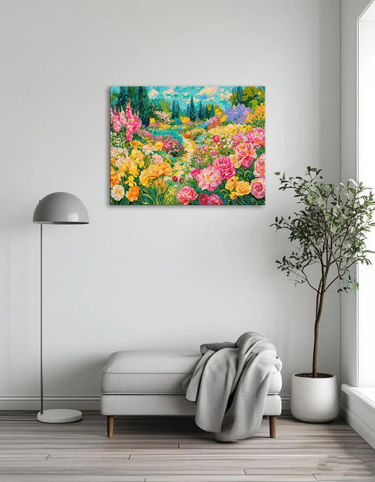 A vibrant painting of a garden filled with colorful flowers and lush green plants.