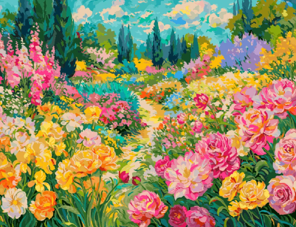 A vibrant painting of a garden filled with colorful flowers and lush green plants.