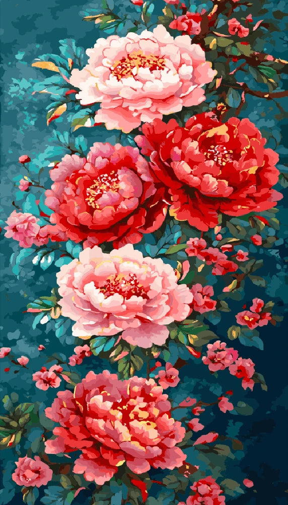 A vibrant painting of colorful flowers set against a serene blue background.