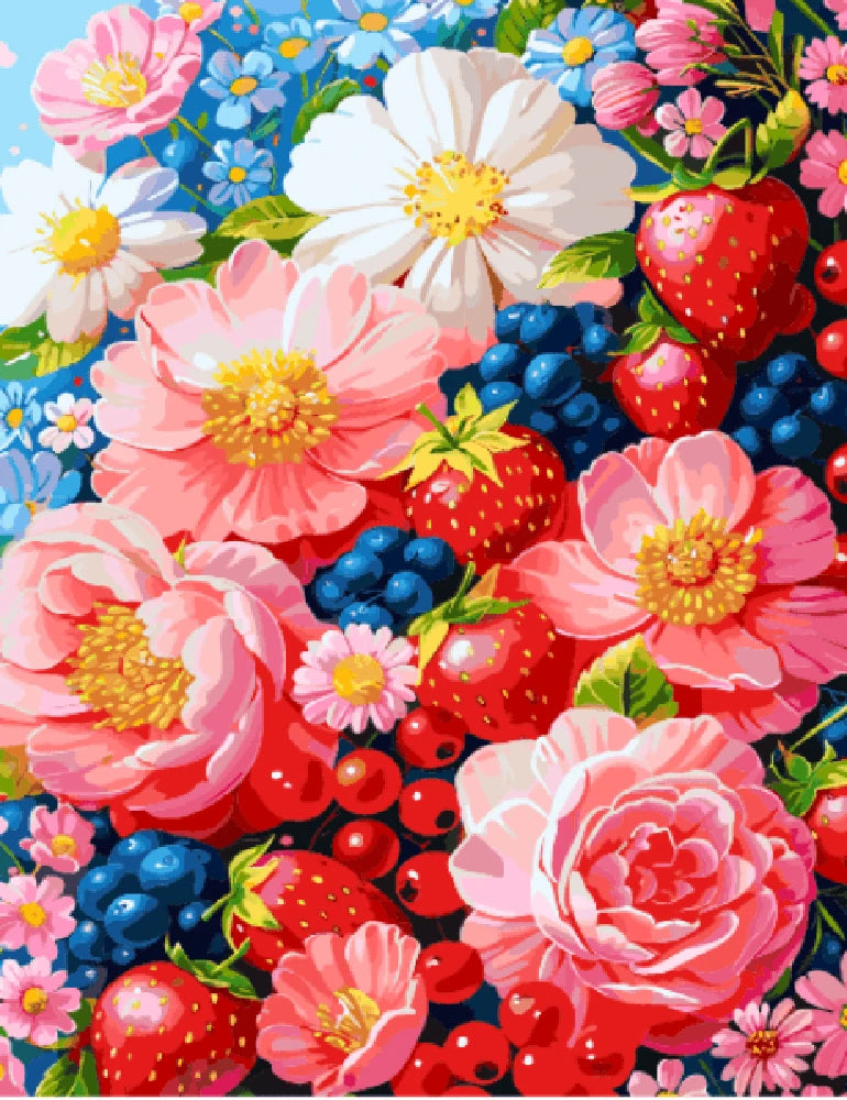 A vibrant painting featuring a variety of colorful flowers and ripe berries against a soft background.