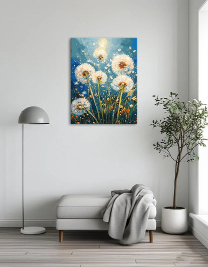 A vibrant painting of dandelions glowing in the sunlight, showcasing their delicate petals and bright yellow hues.