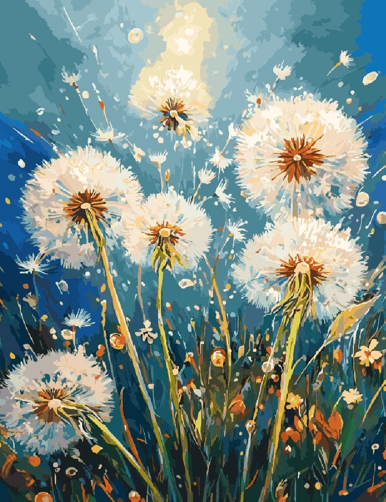 A vibrant painting of dandelions glowing in the sunlight, showcasing their delicate petals and bright yellow hues.