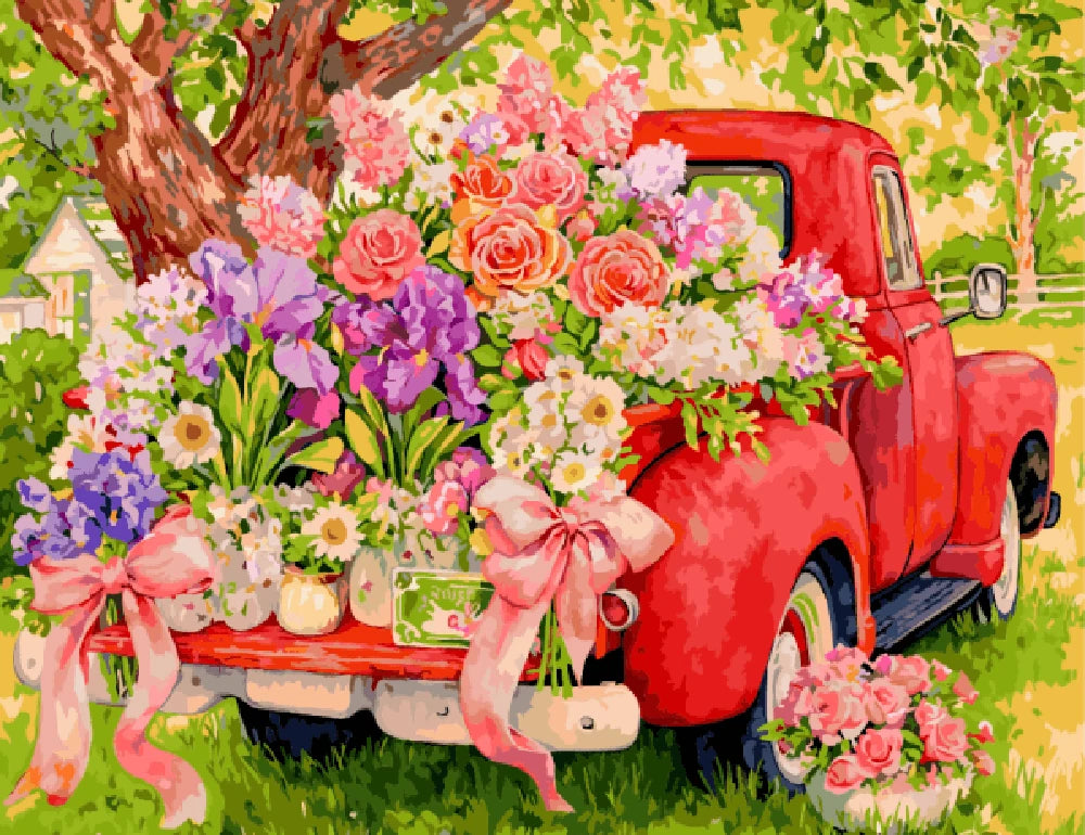 A vibrant painting of a red truck adorned with colorful flowers in the truck bed, set against a bright background.