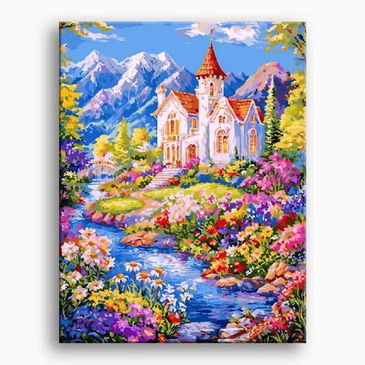 A painting depicting a house surrounded by vibrant flowers and majestic mountains in the background.