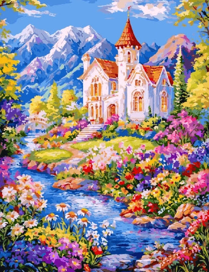 A painting depicting a house surrounded by vibrant flowers and majestic mountains in the background.