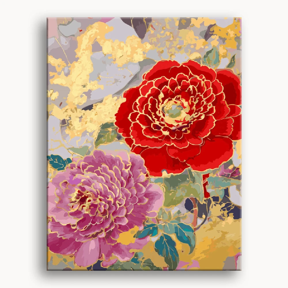 A painting featuring two vibrant red and pink flowers against a soft background.