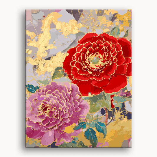A painting featuring two vibrant red and pink flowers against a soft background.