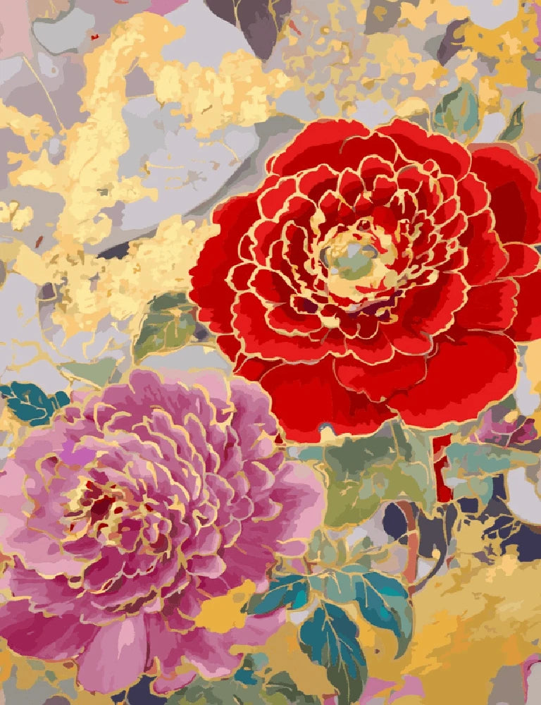 A painting featuring two vibrant red and pink flowers against a soft background.