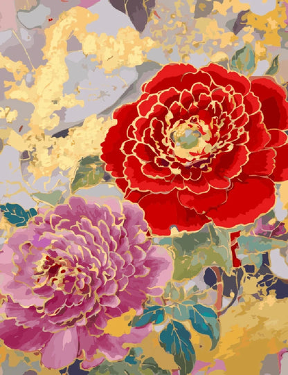 A painting featuring two vibrant red and pink flowers against a soft background.