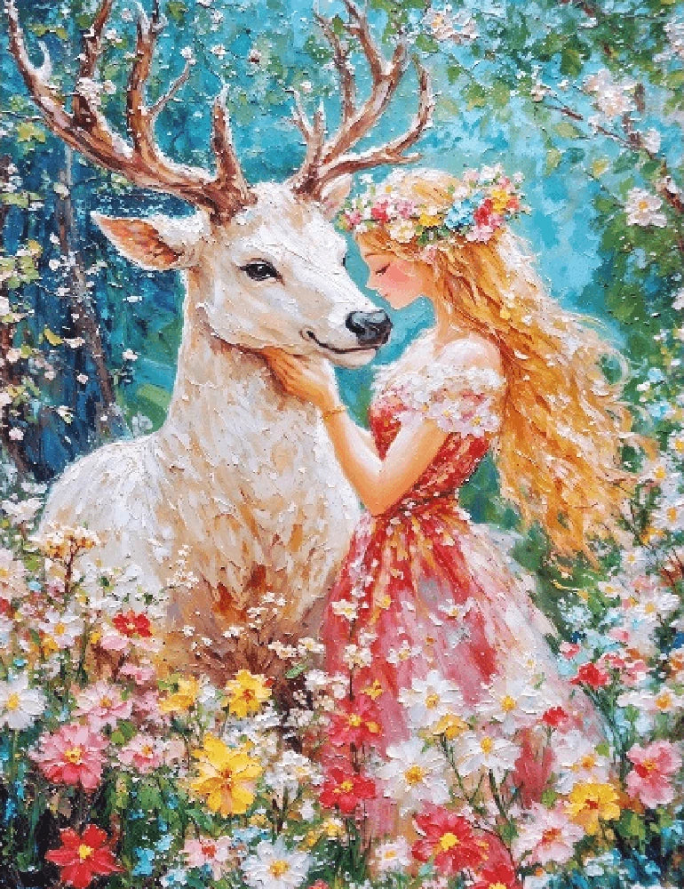 A painting depicting a girl and a deer peacefully interacting in a serene forest setting.