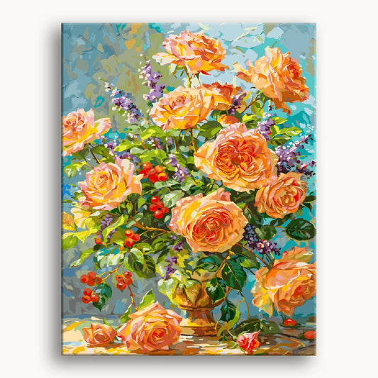 A vibrant painting of roses and berries arranged in a decorative vase, showcasing rich colors and intricate details.