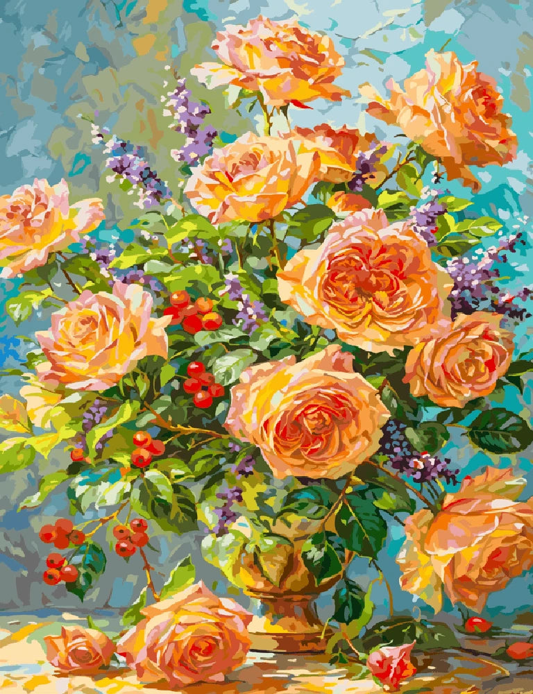 A vibrant painting of roses and berries arranged in a decorative vase, showcasing rich colors and intricate details.