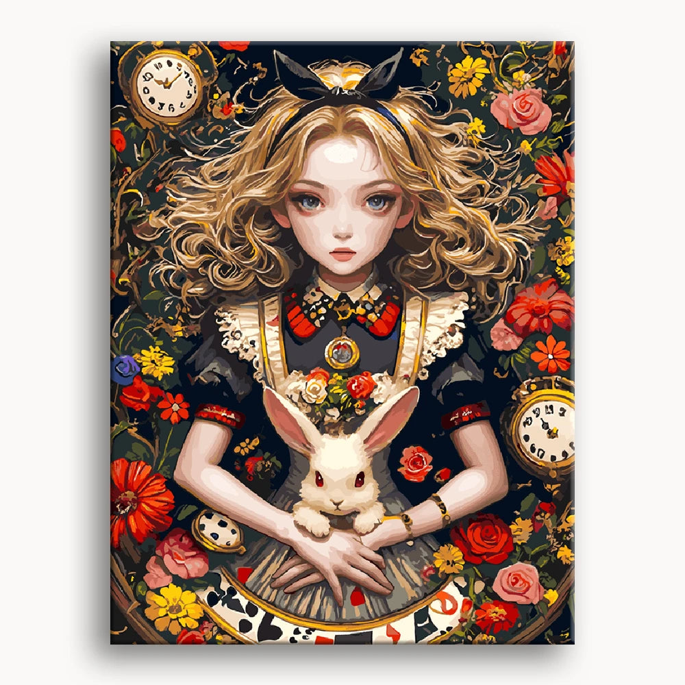 Kawaii-style illustration of Alice in Wonderland, featuring vibrant colors and whimsical characters in a fantastical setting.