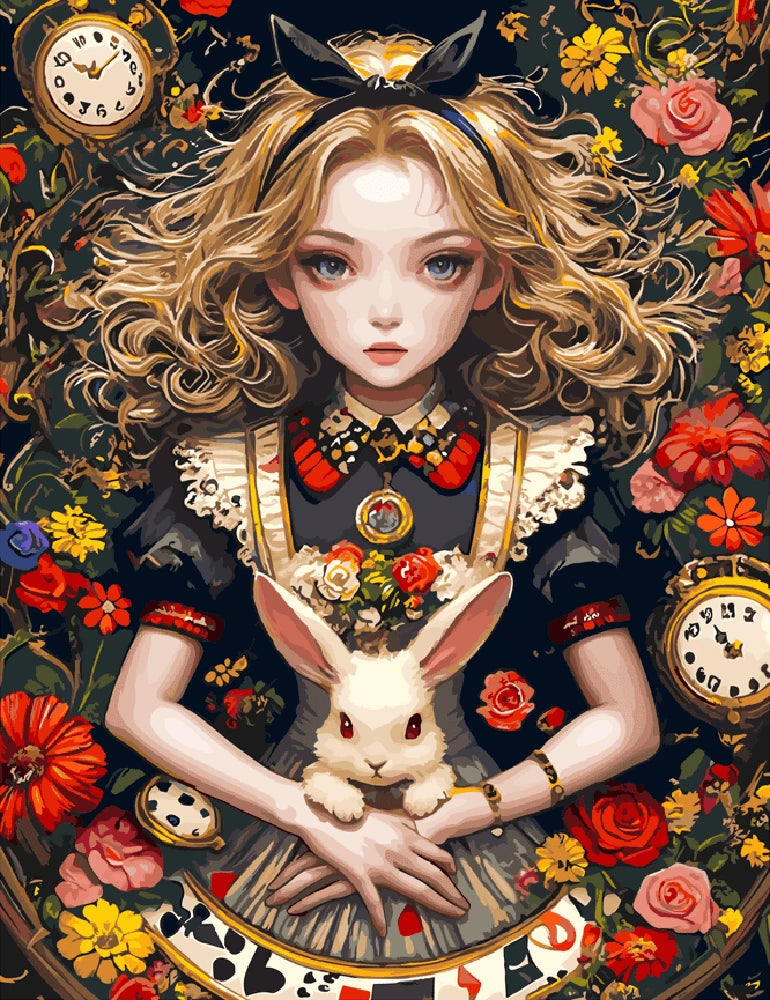 Kawaii-style illustration of Alice in Wonderland, featuring vibrant colors and whimsical characters in a fantastical setting.