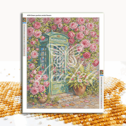 Green pavilion amidst flowers Diamond Painting 30/40 40/50 50/60