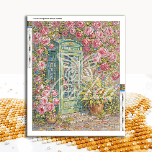 Green pavilion amidst flowers Diamond Painting 30/40 40/50 50/60