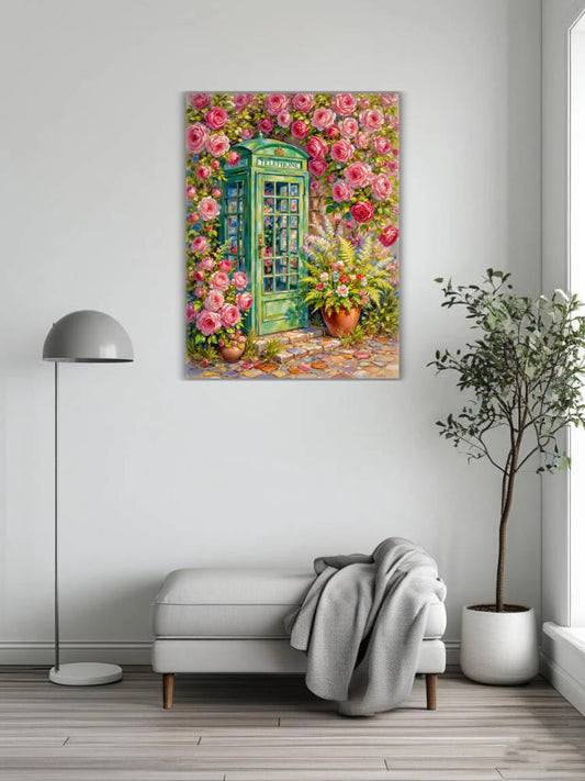 Green pavilion amidst flowers