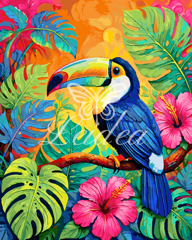 Hibiscus Toucan Bright Folk Painting