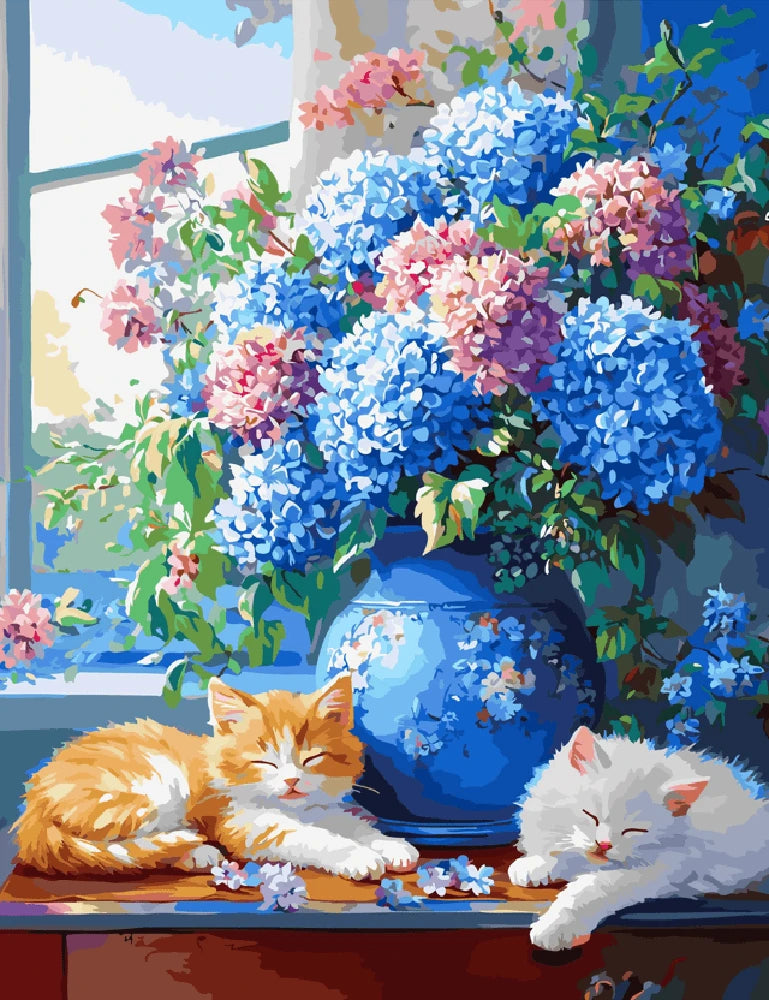 A colorful painting featuring two playful cats beside a vibrant vase of flowers.