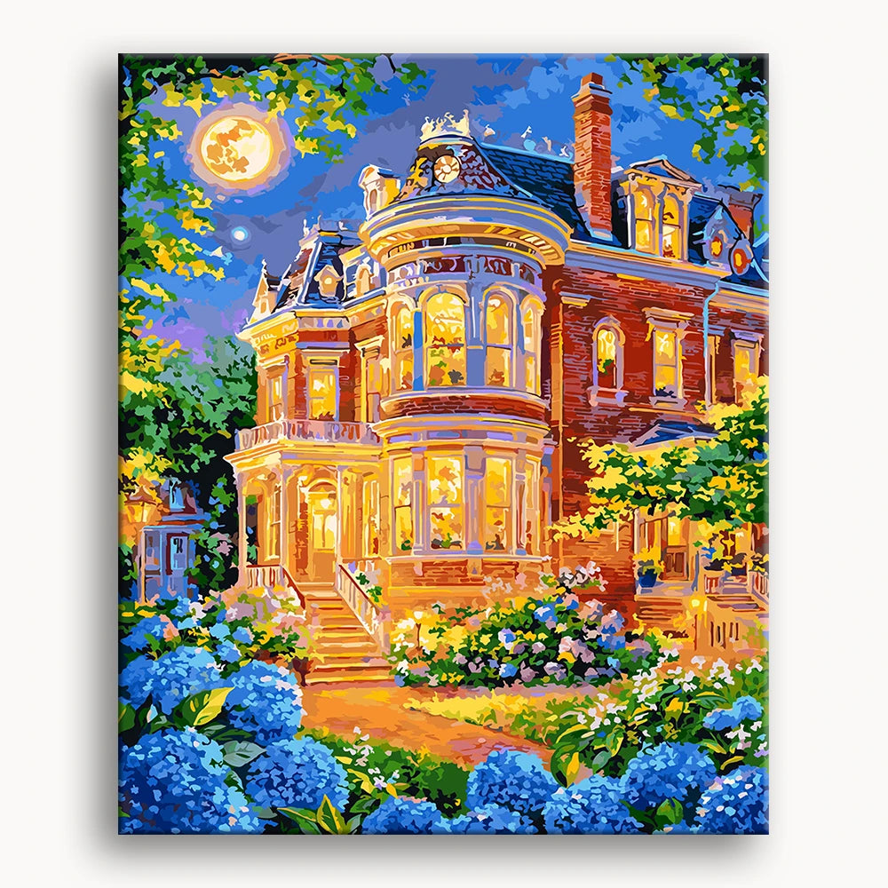 A painting of a grand mansion surrounded by vibrant flowers and twinkling lights, creating a charming evening scene.
