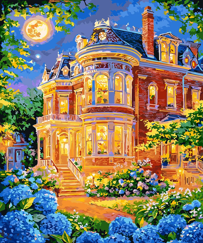 A painting of a grand mansion surrounded by vibrant flowers and twinkling lights, creating a charming evening scene.