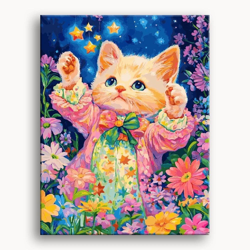 A whimsical painting of a kitten wearing a starry dress, showcasing its playful charm and adorable expression.