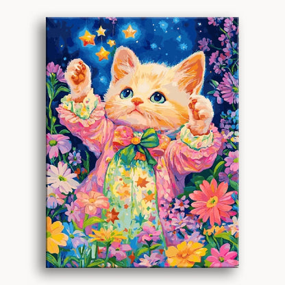 A whimsical painting of a kitten wearing a starry dress, showcasing its playful charm and adorable expression.