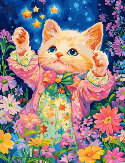 A whimsical painting of a kitten wearing a starry dress, showcasing its playful charm and adorable expression.
