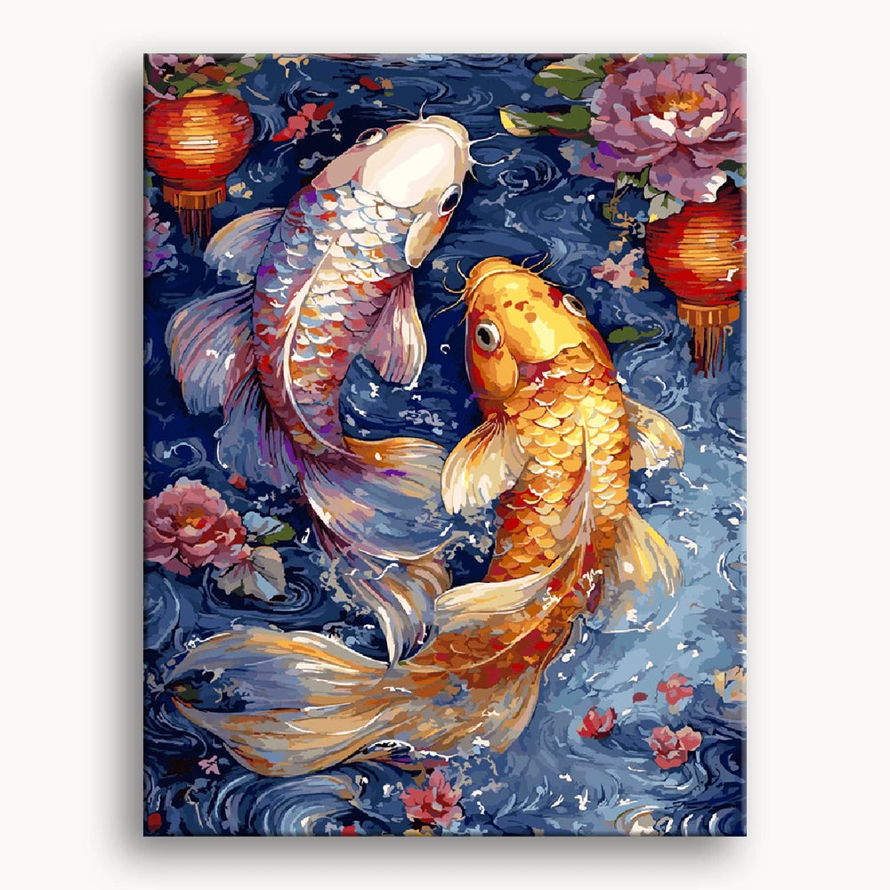 Two koi fish swim gracefully in clear water surrounded by colorful flowers.