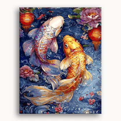 Two koi fish swim gracefully in clear water surrounded by colorful flowers.