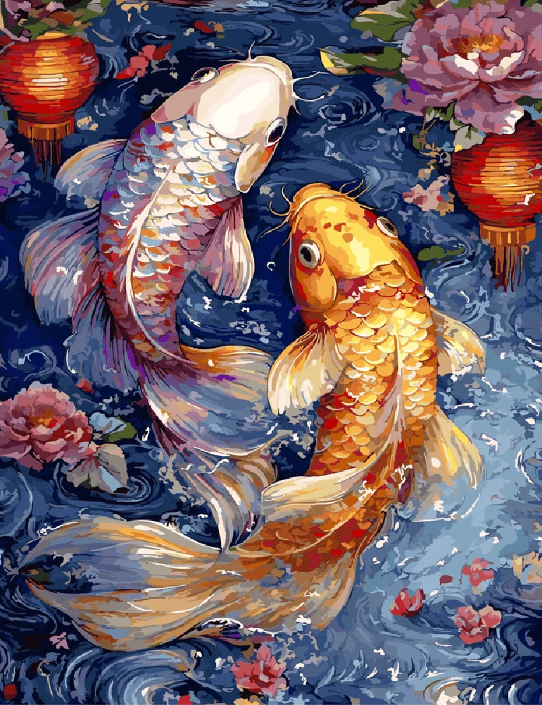 Two koi fish swim gracefully in clear water surrounded by colorful flowers.