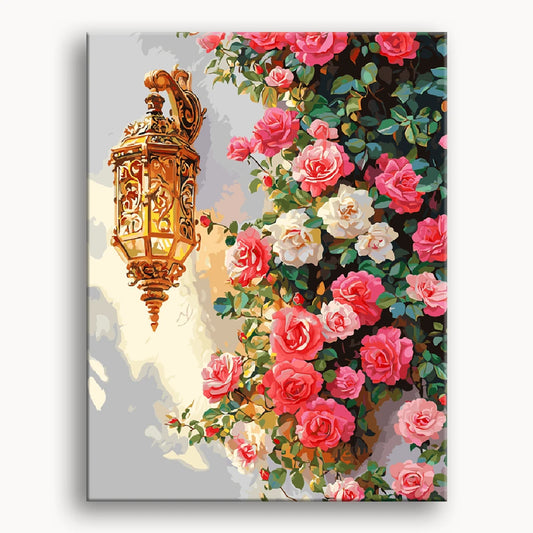 A painting depicting a wall adorned with a lamp and vibrant roses, creating a warm and inviting atmosphere.