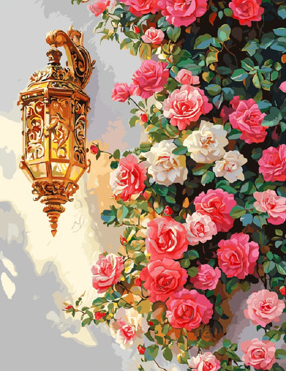 A painting depicting a wall adorned with a lamp and vibrant roses, creating a warm and inviting atmosphere.