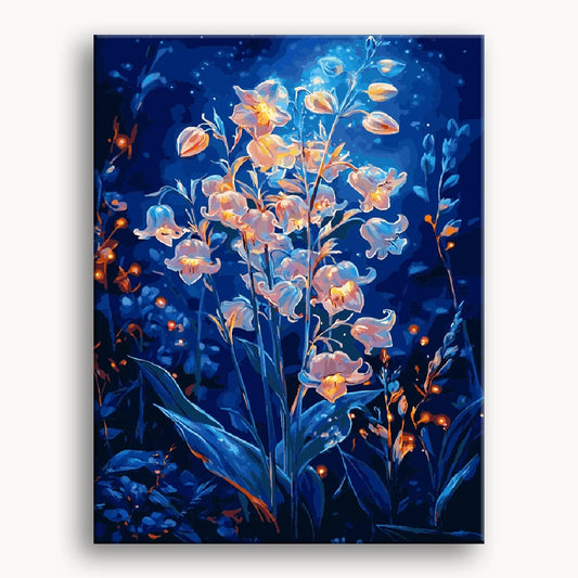 A painting depicting vibrant flowers illuminated by moonlight against a dark night sky.