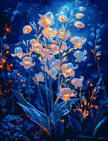 A painting depicting vibrant flowers illuminated by moonlight against a dark night sky.