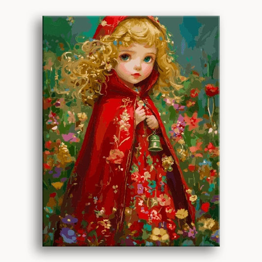 Painting by numbers of Little Red Riding Hood, featuring vibrant colors and whimsical forest scenery.