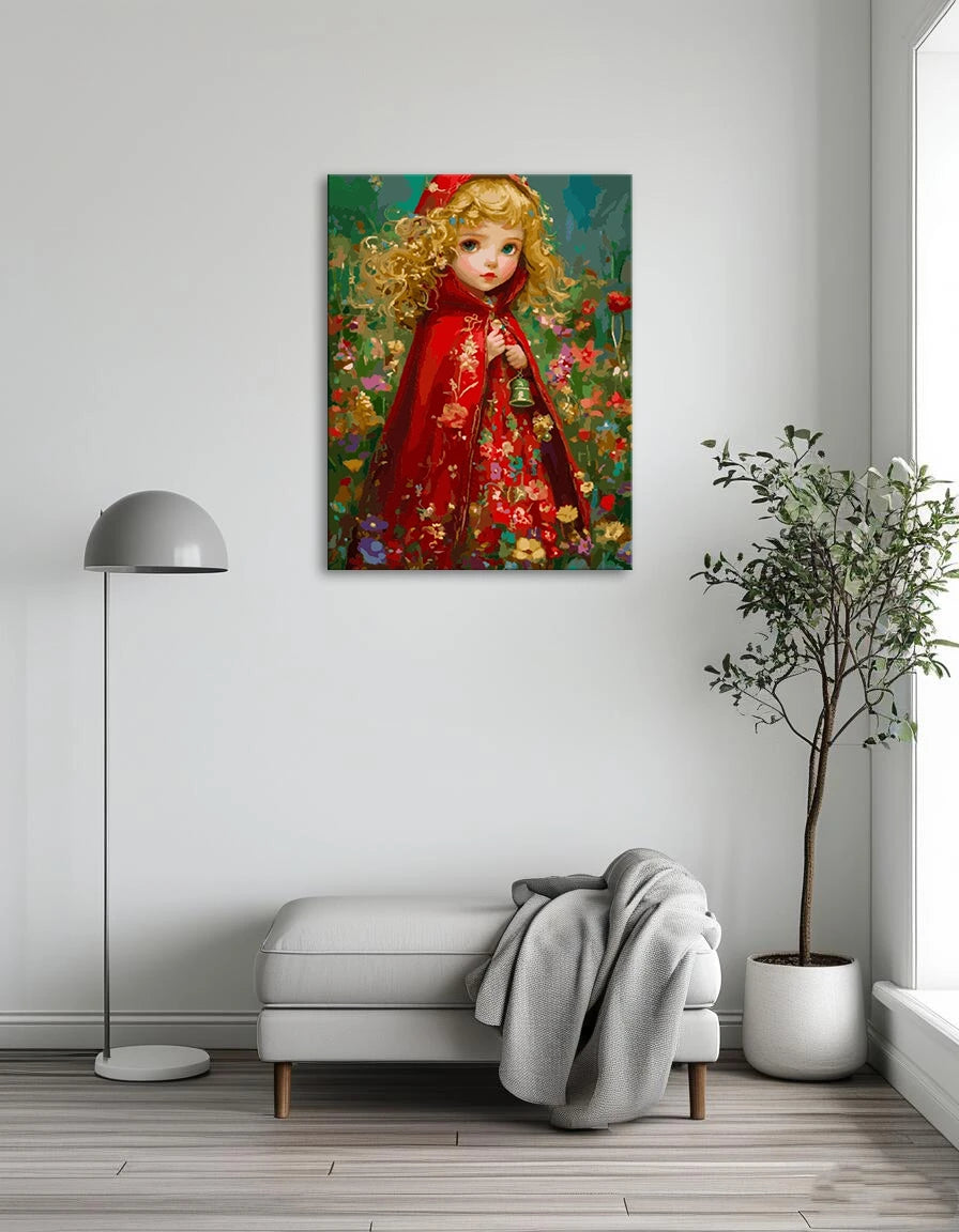 Painting by numbers of Little Red Riding Hood, featuring vibrant colors and whimsical forest scenery.
