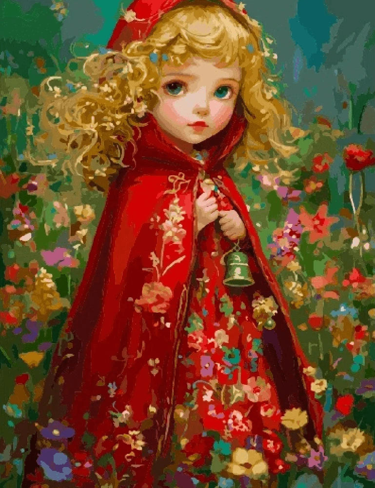 Painting by numbers of Little Red Riding Hood, featuring vibrant colors and whimsical forest scenery.