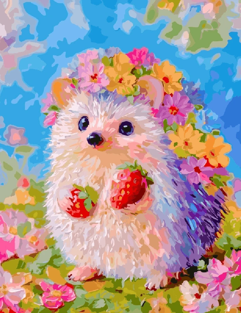 A hedgehog adorned with flowers on its head, holding a ripe strawberry in its paws.