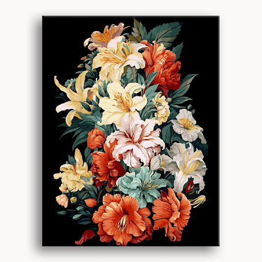 A vibrant painting of colorful flowers set against a deep black background, highlighting their beauty and contrast.