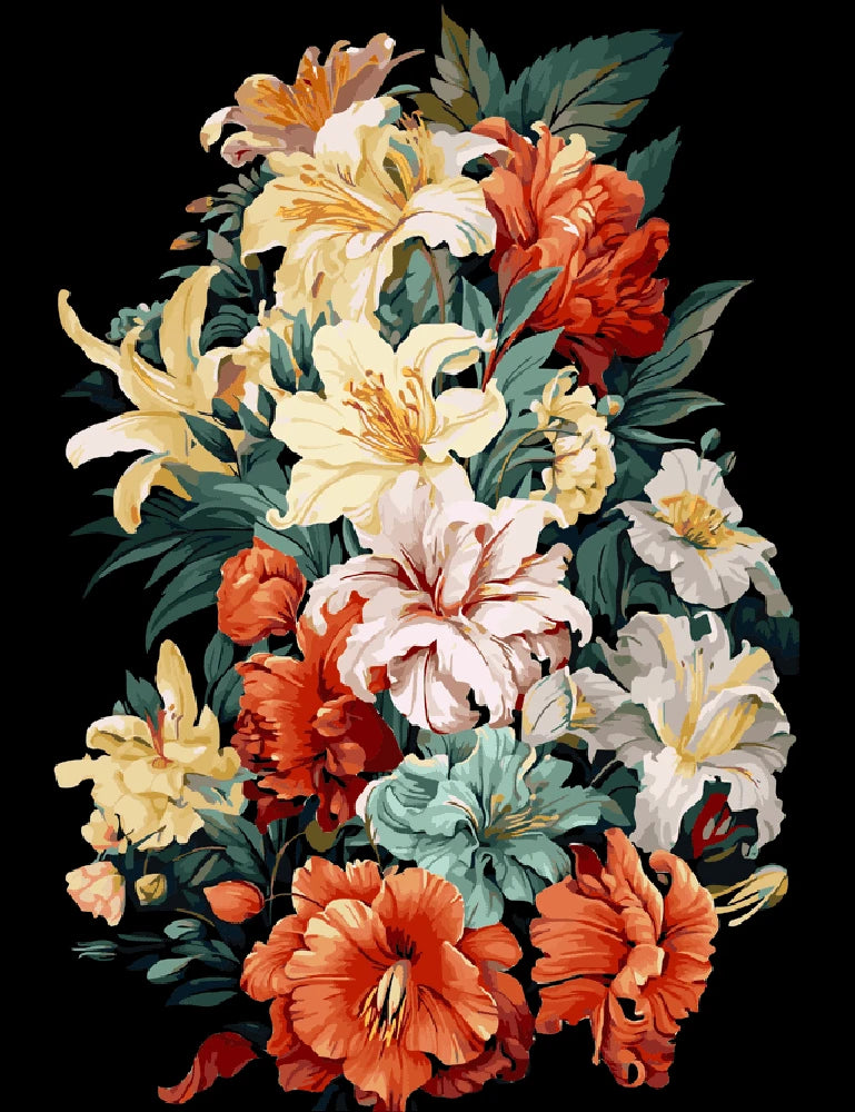 A vibrant painting of colorful flowers set against a deep black background, highlighting their beauty and contrast.