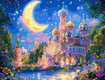 A night painting of a castle illuminated by a bright moon against a dark sky, creating a mystical atmosphere.