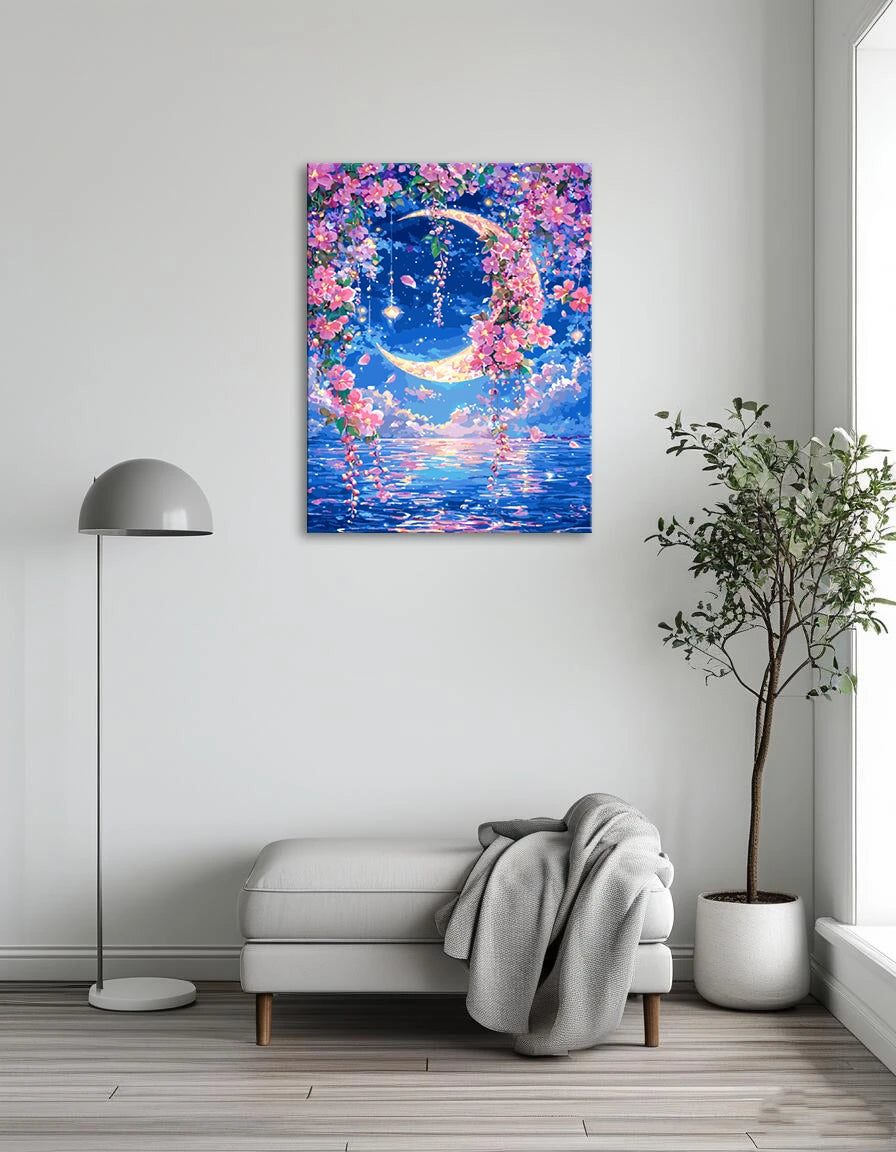 A serene scene of a full moon illuminating flowers by the sea, creating a tranquil atmosphere at night.