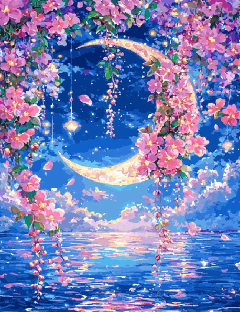 A serene scene of a full moon illuminating flowers by the sea, creating a tranquil atmosphere at night.