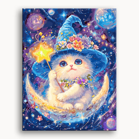 A whimsical painting of a cat wearing a witch hat, perched on a crescent moon against a starry night sky.